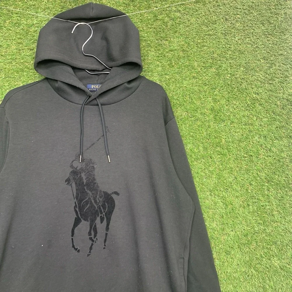 Polo Ralph Lauren Hoodie Mens Large Black Big Pony Sweatshirt Performance y2k